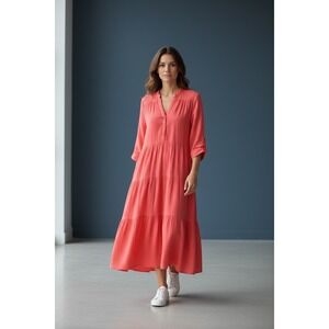 Chicos 100% Cotton Tiered Gauze Short Sleeve V-Neck Midi‎ Dress 00  2 Pink Coral